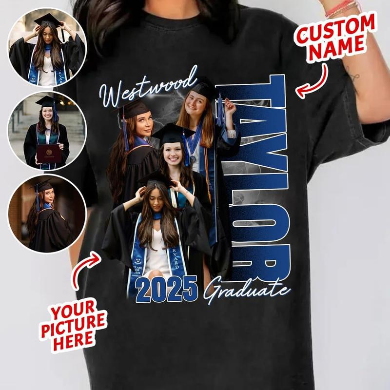 Personalize Photo 2025 Graduate Shirt for Women Proud Family Member Senior Graduation Tee with Name Photo 2025 Black Cotton Round Neck Short Sleeves