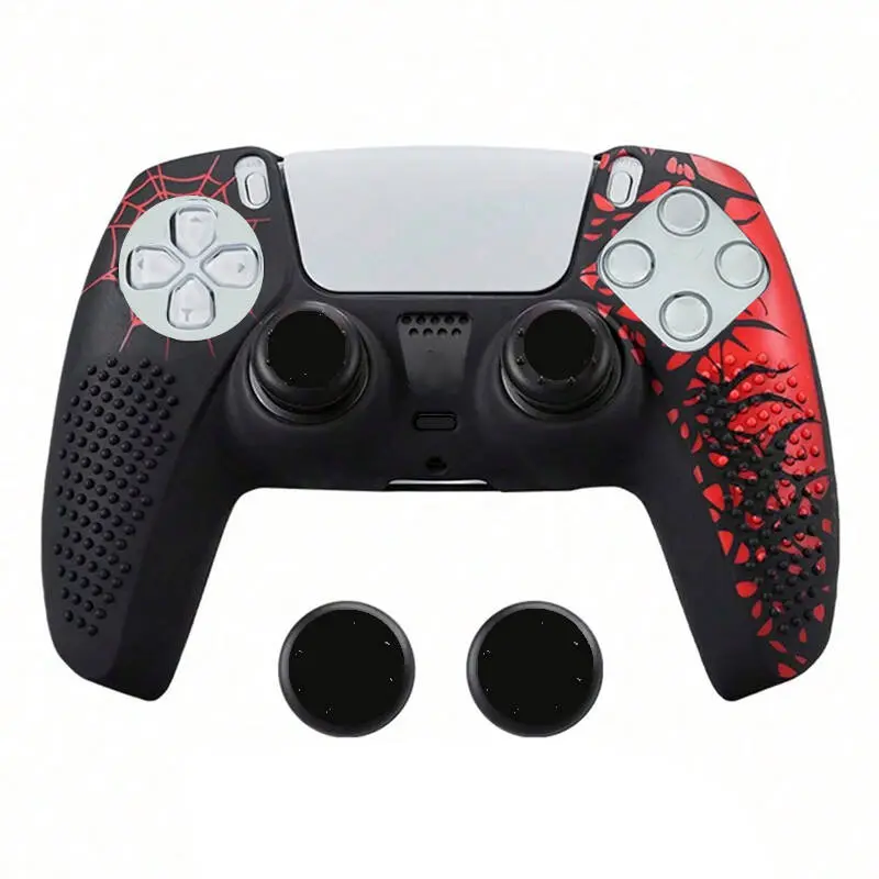 PS5 Gamepad Non-Slip Silicone Protective Cover - Soft Shockproof Shell with Ergonomic Grip, Includes Touchpad Spider Sticker & 2 Spider-Style Joystick Caps, Father's Day Gift for Console Accessories Protection， controller grips ps5 accessories. Red