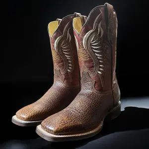 Men’s Square Toe Cowboy Boots. Rodeo Western Boots for Men. Brown Leather Cowboy Boots. Textured Leather Boots. Botas Vaquero De Piel.