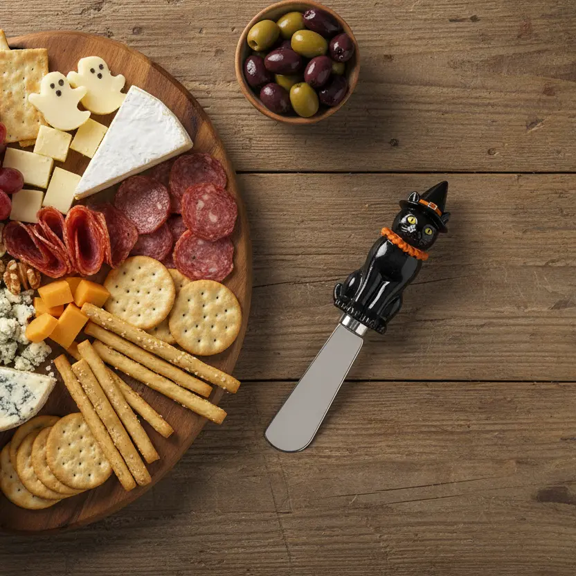 Halloween Spooky Design Hand Painted Cat Cheese Spreader - 5 in Stainless Steel Kitchen Cutlery, Sharp Blade Pro-Grade Spreading Tool for Hosting Parties, Tray Use