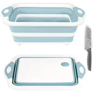Collapsible Cutting Board, Foldable Chopping Board with Colander, Multifunctional Kitchen Vegetable Washing Basket Silicone Dish Tub for BBQ Prep/Picnic/Camping(Light Blue) ROTTOGOON