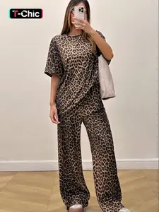Women's Leopard Print Loungewear Two-piece Set, Elegant Casual Comfy Round Neck Short Sleeve Top & Elastic Waist Wide Leg Pants PJ Set for Indoor Outdoor Wear, Ladies Sleepwear for All Seasons, Matching Lounge Sets, Leopard Print Pajamas