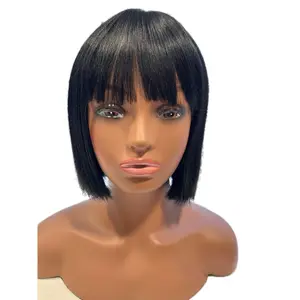 10 inch bob wig kinky straight with bangs color 1B