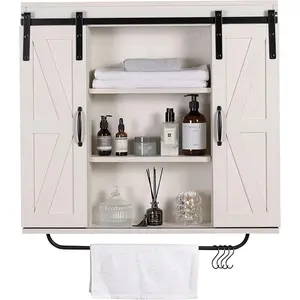 Rustic Wood Wall Storage Cabinet with Two Sliding Barn Door, 3-Tier Decorative Farmhouse Vintage Cabinet for Kitchen Dining, Bathroom, Living Room, Vintage White