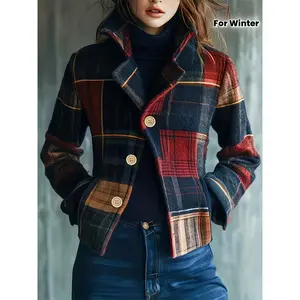 Vintage Plaid Stand-Collar Woolen Cropped Coat Color-Block Fitted Long Sleeve Wool Top for Autumn & Winter Wear
