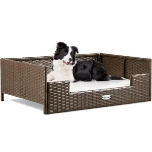 YITAHOME Rattan Dog Bed with Cushion,Wicker Pet Bed Sofa Couch Indoor Outdoor Water Resistant for Large Medium Small Dogs Cats (34.6''L*23.6''W*11.8''H,Beige)