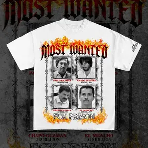 Most Wanted T-Shirt with Flames Design and Pablo Escobar, Amado Fuentes, El Mencho, and Chapo Guzman Streetwear