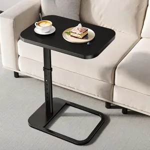 Black TV Tray Table with 9-Level Adjustable Height, Lockable Flip-Top & Rounded Metal Corners, C Shaped Sofa Side End Table for Couch, Bed, Chair, Living Room, Snack Table for Eating, Dinner or Laptop