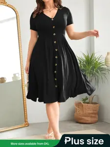 【Plus Size】Solid Color Button Front V Neck Dress, Fashion Casual Short Sleeve Dress for Daily Outdoor Wear, Women Plus Clothing for Summer