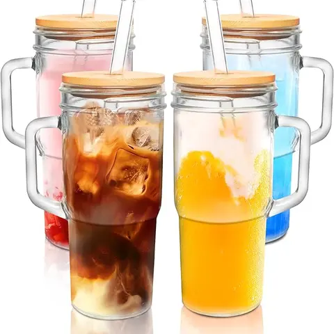 24oz Wide Mouth Mason Jar with Handle - Reusable Glass Drink Tumbler with Lid and Straw, Classic Boba/Iced Coffee Travel Mug, Birthday Gifts for Women