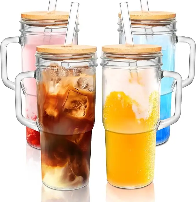 24oz Mason Jar with Handle-Glass Tumbler with Lid and Straw Wide Mouth Reusable Drinking Glasses,Valentines Gifts for Her,Gifts for Women,Boba Cup Smo