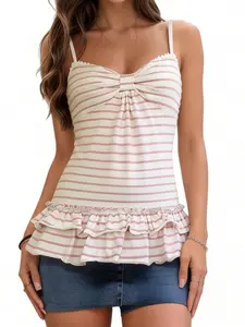 Women's Colorblock Striped Ruffle A-Line Bodycon Waist Cinching Tank Top Vest, Vintage Style Casual Chic Fitted Fashion for Daily Wear Home Party