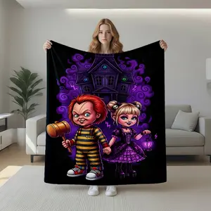 1pc Chucky & Tiffany Horror Couple Themed Super Soft Cozy Warm Lightweight Flannel Blanket, Bedroom Blanket, All Season Throw for Sofa, Bed, Movie Night, Travel, Camping, Office, Unique Halloween & Holiday Gif