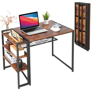 No Assembly Needed Folding Computer Desk, 35 Inch Space-Saving Writing Table with Storage Shelf, Sturdy Desk for Bedroom Home Office Dorm Apartment