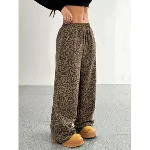 Women's Leopard Baggy Wide Leg Sweatpants Drawstring High Waisted Cheetah Print Lounge Barrel Trousers with Pockets Bottoms Womenswear