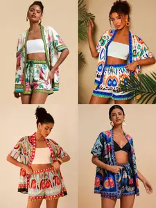Boho Floral 2PC Kimono Set: Open Front Cardigan & High-Waisted Shorts | Artistic Prints, Versatile Styling, Relaxed Fit, Breathable Fabric, Flattering for All, Womenswear - Top, Bohemian Chic - Clothes