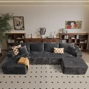 【3 Packages Shipping】132" U-Shaped Cloud Sectional Couch Plush Corduroy Modular Sofa with Double Chaise No Assembly Deep Seat Boneless Sofa Set for Living Room Fast Shipping Black Couch Living Room Boneless Furniture