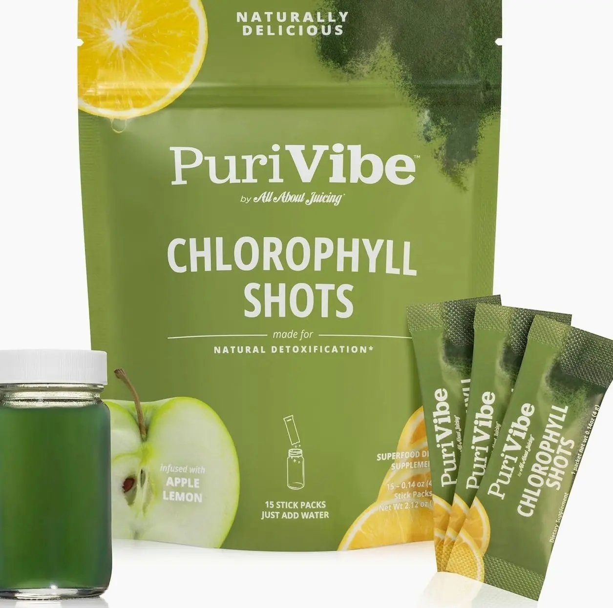 All About Juicing Chlorophyll Green Juice Shots - Clean Energy, Detox, Alkalize - 15 Stick Packs - 120 mg, Superfood Juice Powder - PuriVibe