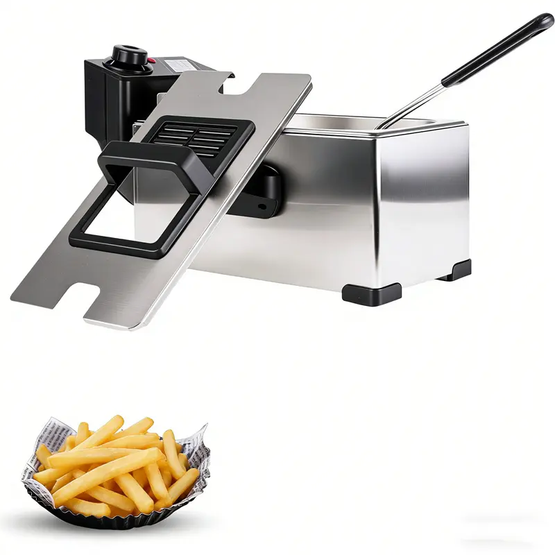 2000 watts, with adjustable thermostat, stainless steel construction, includes frying basket and splash guard, suitable for home and commercial use.