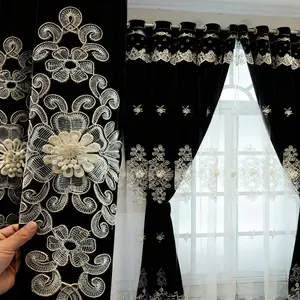 1 count European Style Embroidered Floral Curtain, Elegant Double Layer Blackout Drapes Home Decoration Curtain for Bedroom Office Kitchen Living Room Decor