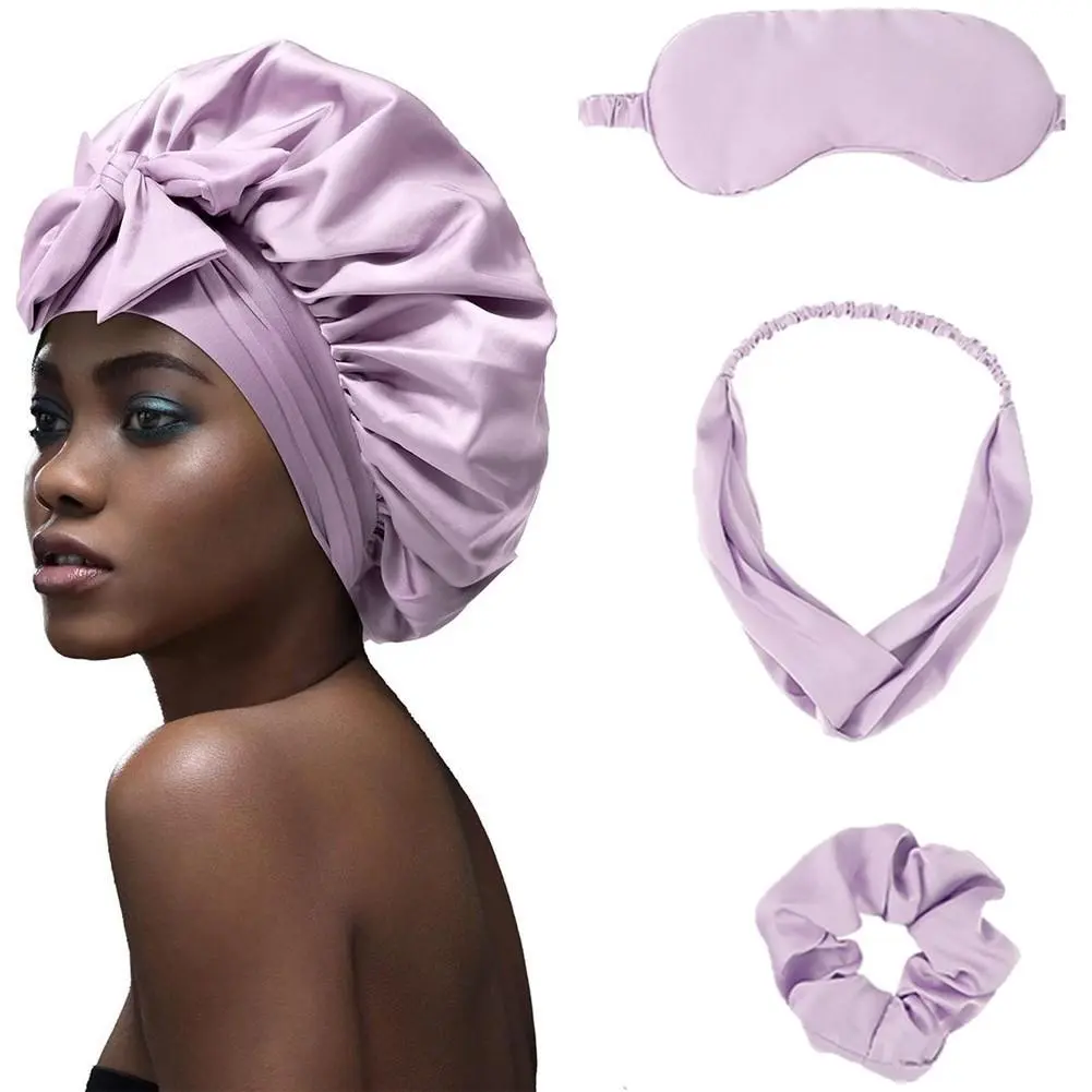4-Piece Men's & Women's Adjustable Satin Bonnet Set - Single-Layer Breathable Silk-Like Summer Cool Sleeping Cap, Eye Mask, Hairband, Elastic Hair Ring with Tie Band for Haircare, Heatless, Curly Hairstyles, Heatless Curls, Hair Styling Accessories, Hair
