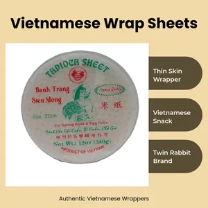 Tapioca Sheet Banh Trang Sieu Mong Spring Roll Rice Paper Thin Skin Wrapper (Twin Rabbit) 22cm, 12oz 340g Vietnamese Foods and Snacks