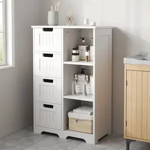 Wooden Floor Storage Cabinet, Side Storage Organizer with Drawers and 1 Cupboard, Freestanding Entryway/Bathroom Bathroom Storage Unit