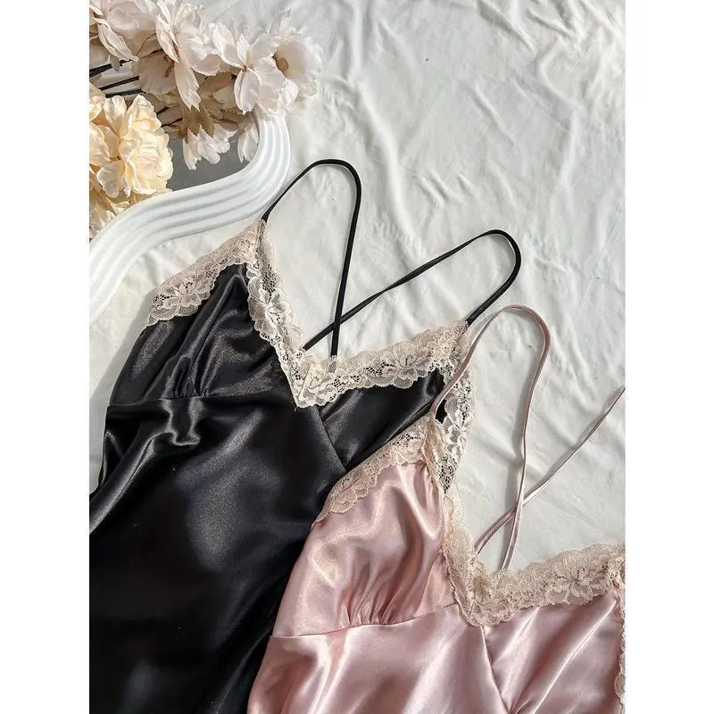 1 Pcs Sexy Silky Lace Trim Sleepwear - V Neck Backless Cross Strappy Split Hem Nightgown Dress, Comfortable 1 Pcs Sexy Silky Lace Trim Sleepwear - V Neck Backless Cross Strappy Split Hem Nightgown Dress, Comfortable