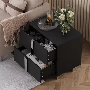 Modern End Table Bedside Table Elegant Nightstand with Drawers and Metal Foot,Wood Bedside Table with Mirrored Metal Handles,Sofa Side End Table for Bedroom Living Room Office,Black