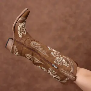 Wide-Calf Women's Brown Sparkly Cowboy Boots: Knee-High Cowgirl Style with Glitter Rhinestone,Walking Shoes Footwear Rubber