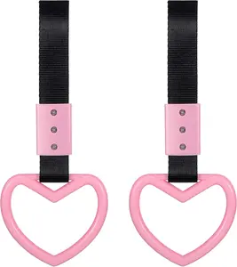 2 Pcs Light Pink Heart Shaped Car Handle Straps - Broken Heart Drift Charm & Rear Bumper Warning Ring | Cute Subway Bus Handle Decor for Car Interior - Special Independence Day Edition