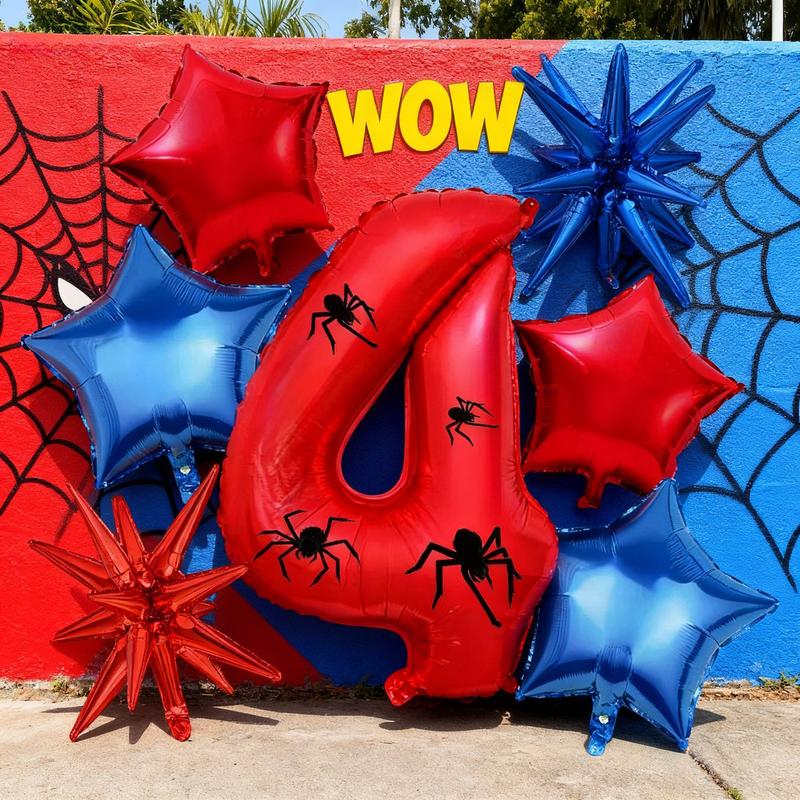Spider Theme 32 Inch Number Aluminum Balloon with Stickers & Star Balloons, Balloon Party Supplies, Ideal for NewYear, Birthdays, Superheroes, Festivals
