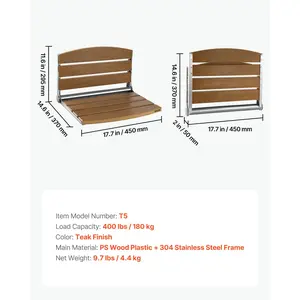 VEVOR Foldable Shower Seat Wall Mounted, 17.7 Folding Shower Bench with Supportive Backrest, Fold-Down Bathroom Corridor Seat with Stainless Steel Frame for Adults Seniors, 400LBS Loading