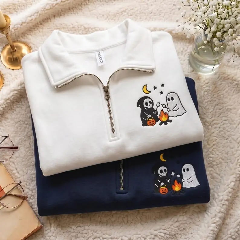 Embroidered Ghost Camping Quarter Zip, Cute Halloween Campfire Sweatshirt, Season Pullover, Fall Camping Shirt