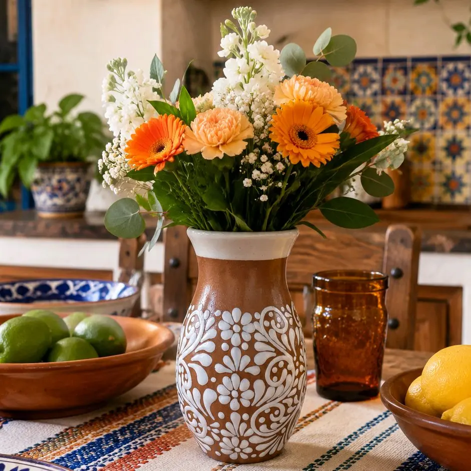 Handmade Talavera Flower Vase | Brown & White Rim