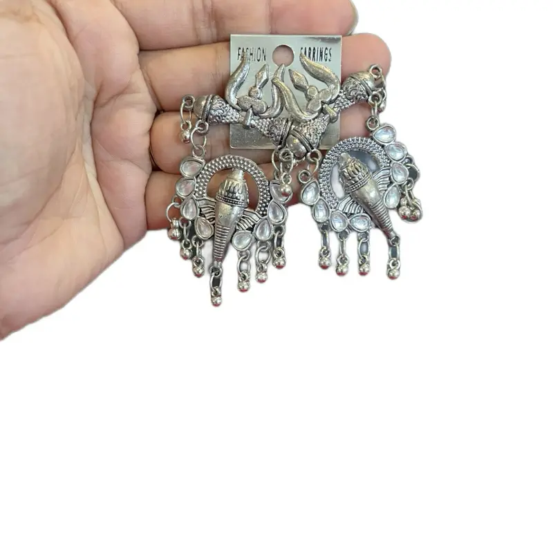 Women's Ethnic Clip-On Earrings - Traditional Folk Style, Elegant Oxidized Metal Coating, Ganesh Design with Attached Ear Chain, Female Spiritual Touch Costume Jewelry, Clip On Earring, Culture, Folk Earrings
