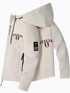 New Men's Casual Hooded Jacket, Italian Theme Print, Lightweight Zipper Coat, Polyester Lining, Spring & Fall Fashion Outerwear