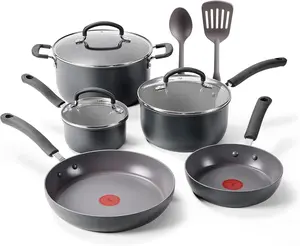 T-Fal Ultimate Hard Anodized Nonstick 10 Piece Cookware Set, Oven Safe Up to 400°F, Dishwasher Safe, Pots and Pans Set, Includes Frying Pans, Saucepan, Stockpot, Cooking Utensils, Grey