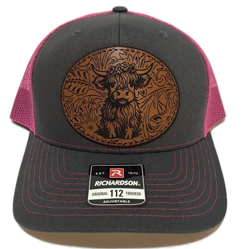 Richardson 112 Western Trucker Hat with Highland Cow Leatherette Patch, Comfortable Casual Wear for Everyday Clothes, Baseball Cap, Do Not Wash