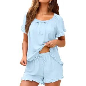 KFUBUO Womens Pajamas Set 2 Piece Ruffle Pj Soft Short Sleeve Tops and Shorts Sleepwear Set Cute Pajama Sets for Women