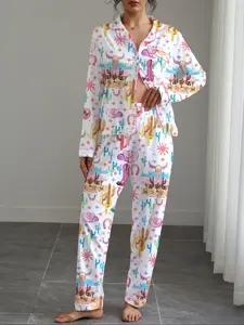 Women's Western Cowboy Culture Printed Pajama Set, Long Sleeve Lapel Top & Elastic Pants, Casual Home Wear, All Seasons Comfortable Sleepwear