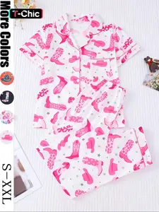 Women's Denim Print Pajama Set, Short Sleeve Button Front Top & Elastic Pants, Casual Home Wear, Comfortable Sleepwear for Women, Loungewear