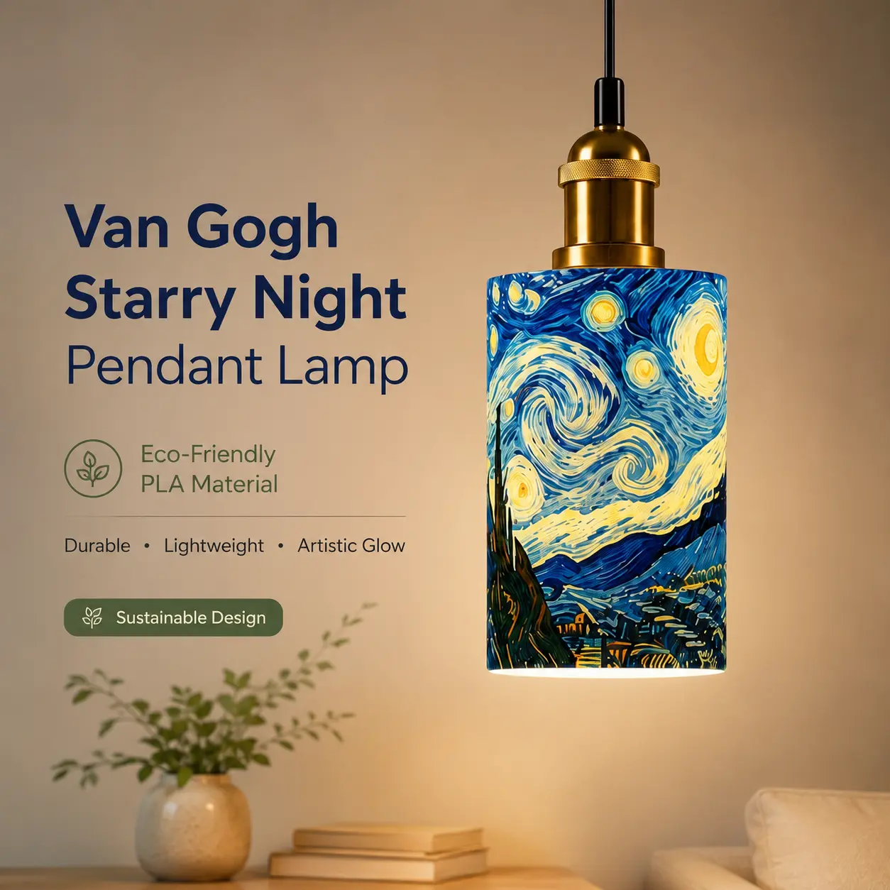 Van Gogh Starry Night PLA pendant light, brass vintage hanging lamp, eco-biodegradable shade art decor for kitchen island, dining room, gallery gift