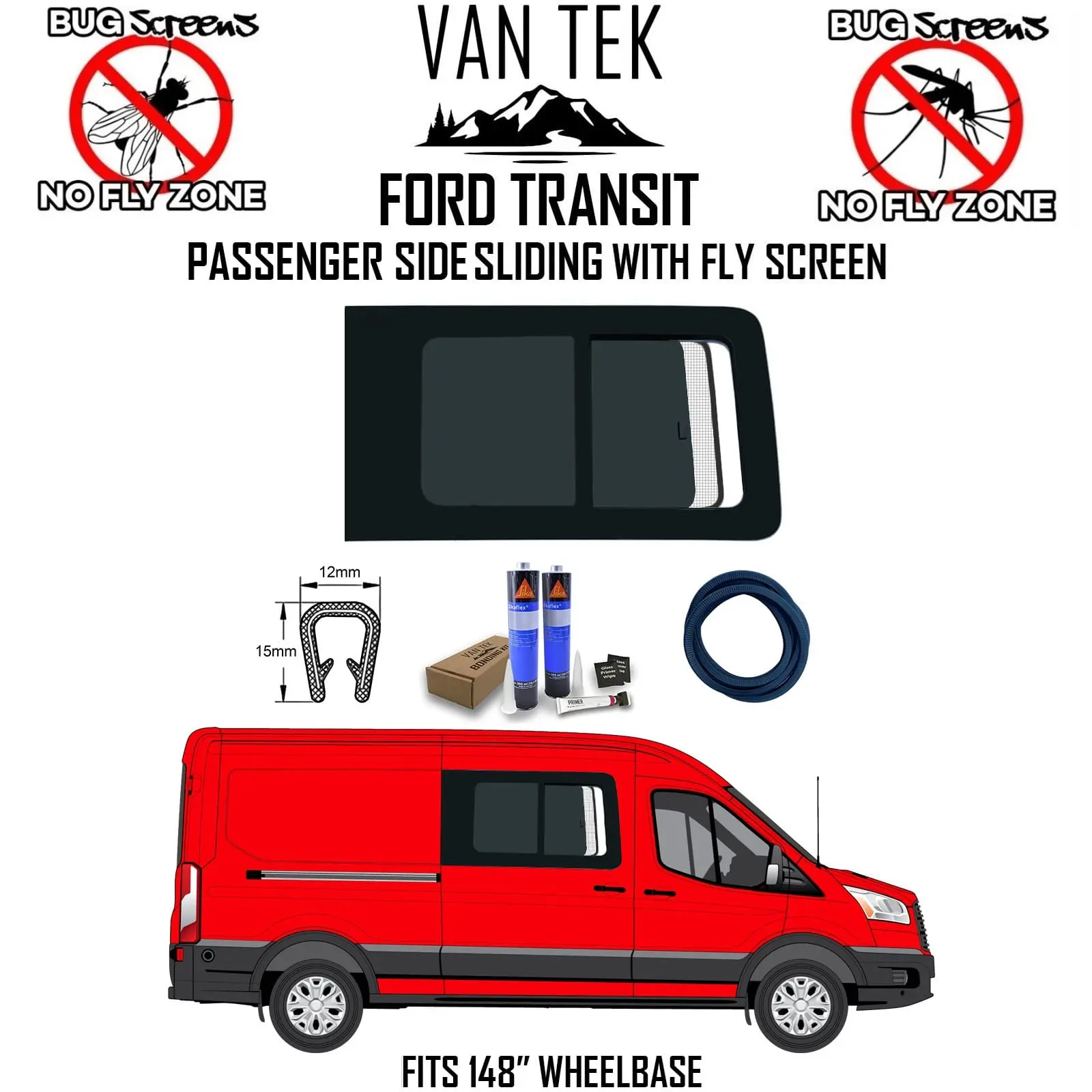 Ford Transit SLIDING Window WITH FLY SCREEN And BLIND – Passenger Side