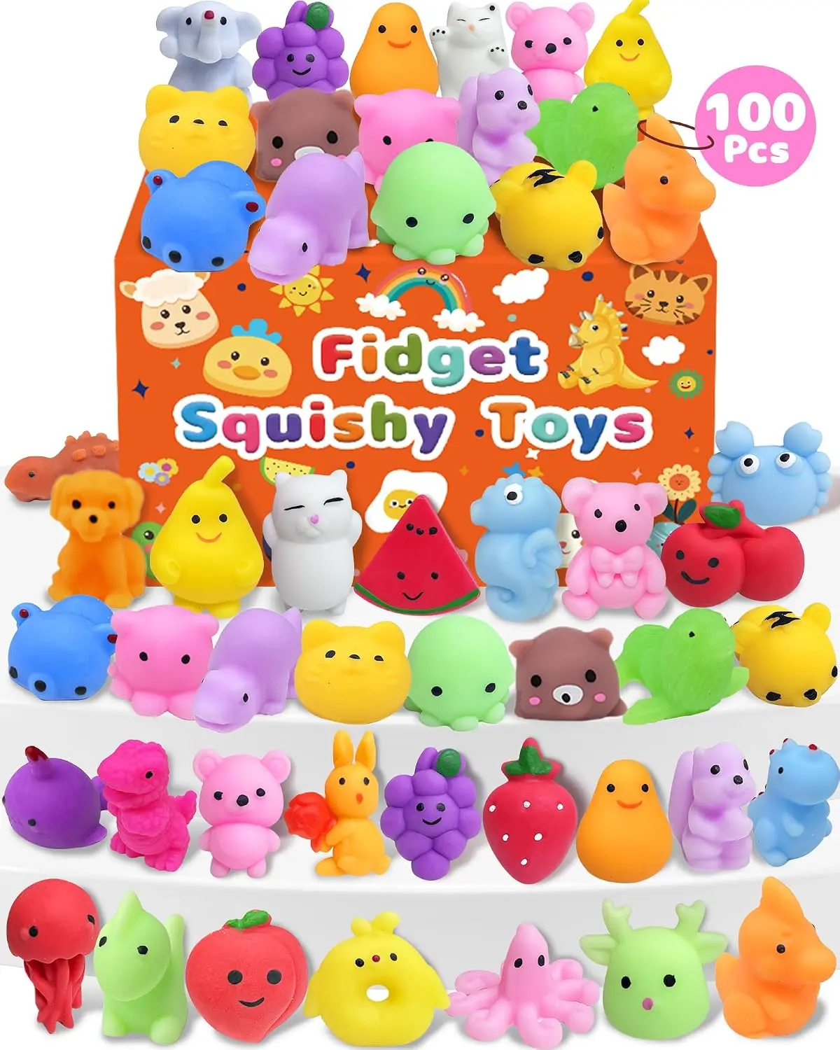 Unisex TPR Animal-Shaped Mini Squishy Fidget Stress Relief Toys, 100-Pack Bulk for 3+ Years Kids, Party Favors, Classroom Treasure Box Prizes