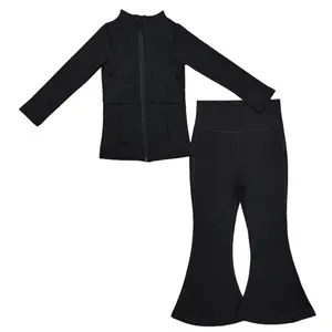 Girl Atheletic Clothes Black Bell Bottom Set Cheer Game Day Yoga Outfit Winter Sports Clothes  GLP1559