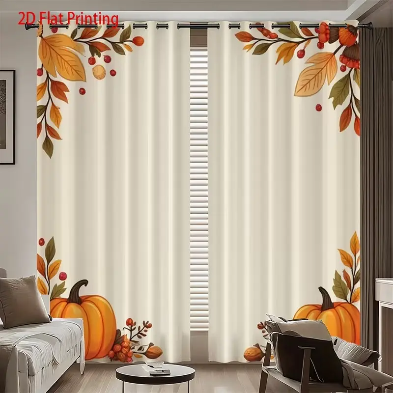 2pcs Autumn Leaf Pumpkin Print Curtains, HD Digital Printing, Rod Pocket Installation, 100% Polyester, All-Season Privacy UV Protection Drapes