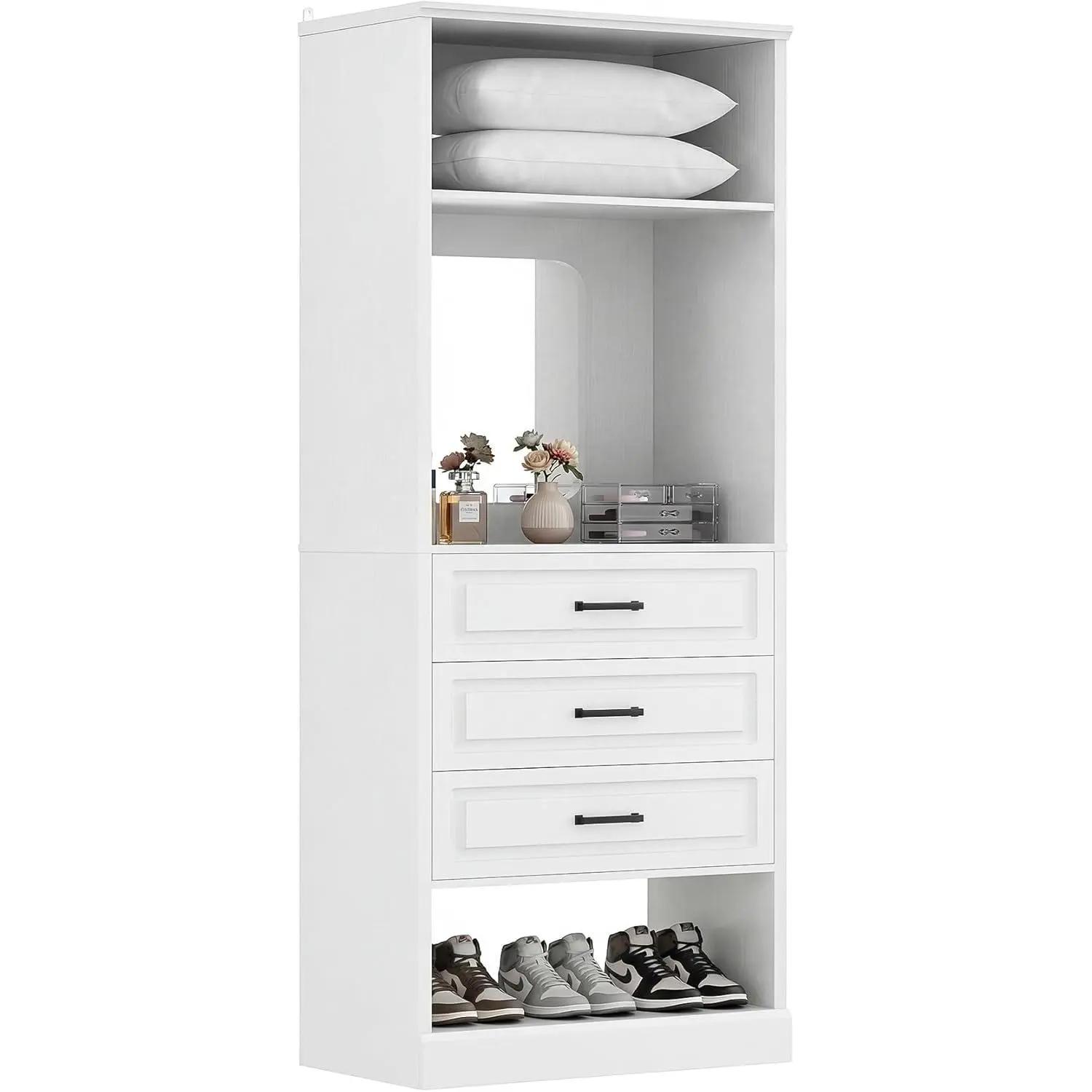 Unikito Freestanding Closet System, Modern Armoire Wardrobe with Built-in Mirror, Walk-in Storage Cabine Organizer for Small Closet, White