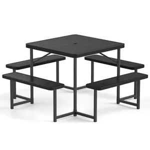 COSTWAY - Outdoor Square Picnic Table Bench Set for 4-8 People with Umbrella Hole-Black