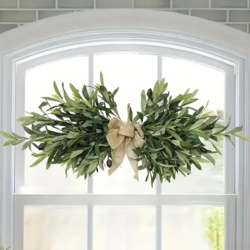 Artificial Olive Leaf Wreath with Country-Style Linen Bow - Plastic Green Plant Wall Decoration for Weddings, Christmas And June Festivals, Maintenance-Free Home Decoration, Farmhouse Door Wall Decoration, Holiday Embellishment | Elegant De Room Ornaments
